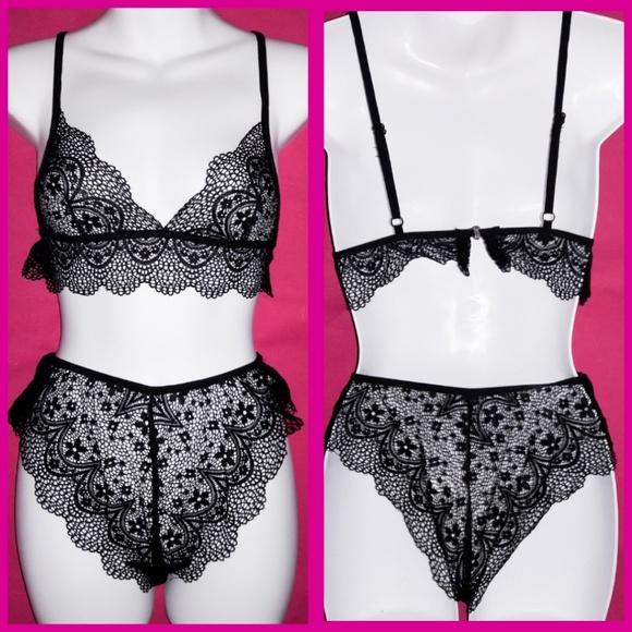 Black Chantilly Lace Bralette High Waist Panty Set - Picture 2 of 7